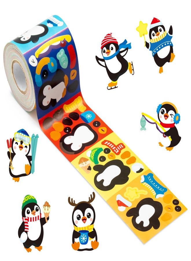 Haooryx Winter Penguin Sticker Roll - 300Pcs Make A Cute Penguin Make Your Own Cartoon Animal DIY Waterproof Vinyl Reusable Laptop Sticker Coloring Scrapbook Water Bottle Page Activity Pad Party Favor - Image 1